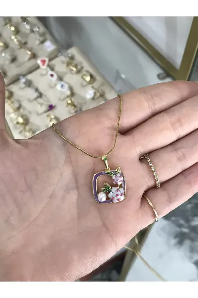 Mor Kare Saksı Detaylı Çelik Sanat Kolye