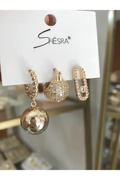 3'lü Kombin Top Detaylı Küpe