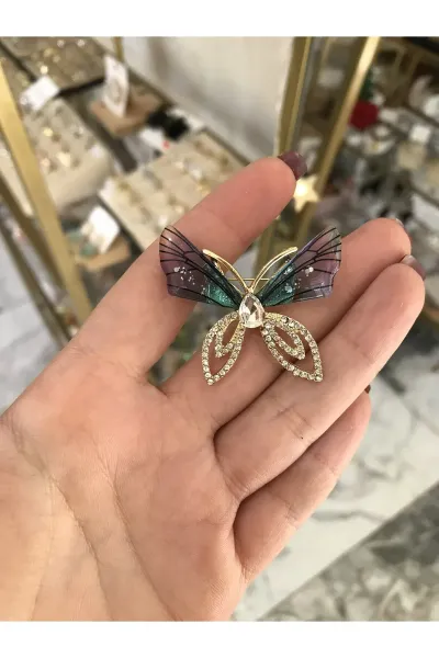 Taş Detaylı Renkli Kelebek Model Broş