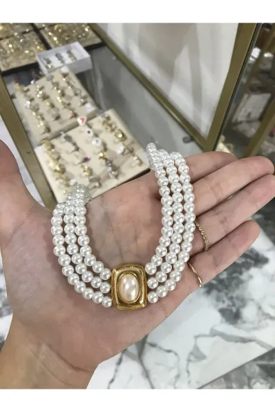 Gold Detaylı Abiye İnci Kolye