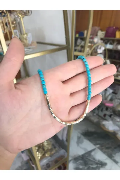 Doğal Taş ve Gold Detaylı Kolye