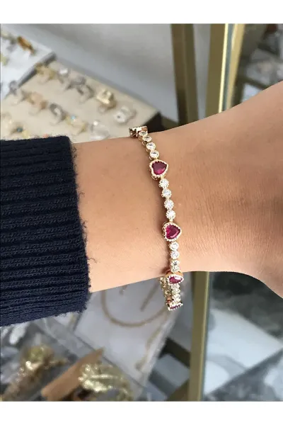 Pembe Taşlı Kalp Model Bileklik (kararmaz)