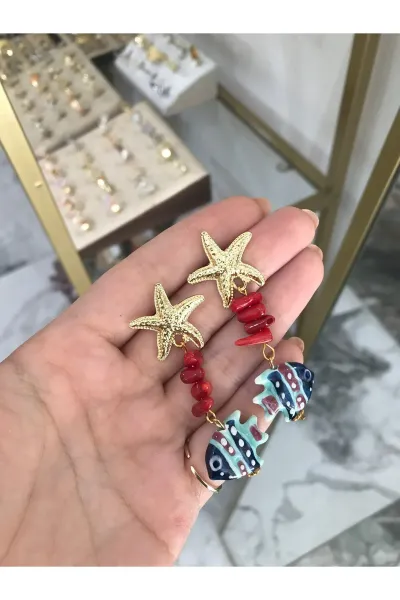 Deniz Yıldızı ve Tasarım Balık Model Küpe