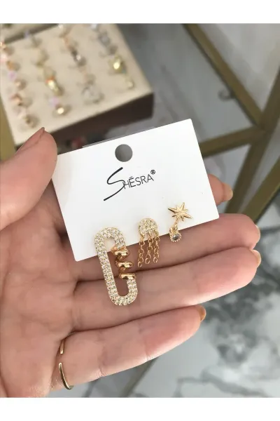 3'lü Taşlı Kombin Küpe