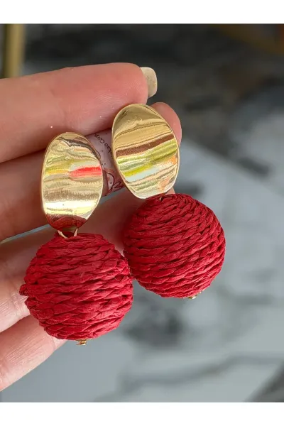 Gold Detaylı Kırmızı Hasır Küpe