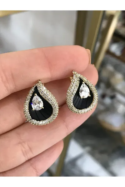 Taş Detaylı Siyah Damla Model Küpe
