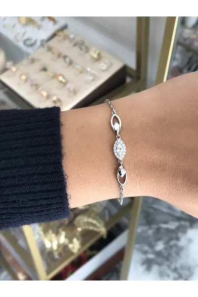 Taş Detaylı Silver Damla Model Bileklik (kararmaz)