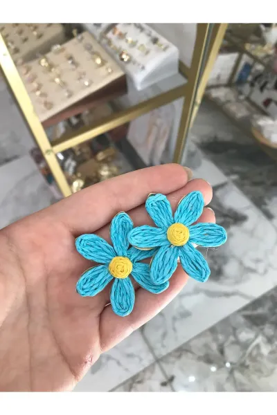 Mavi Çiçek Model Küpe