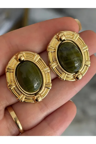 Vintage Model Gold Çerçeveli Haki Küpe