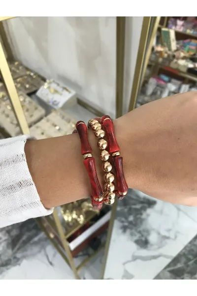 3'lü Gold Detaylı Bordo Kemik Bilezik