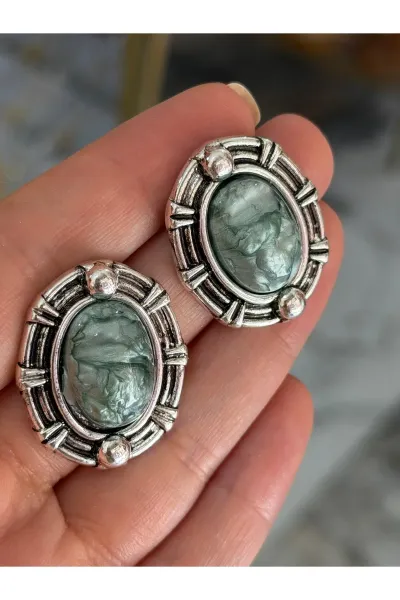 Vintage Model Su Yeşili Metal Çerçeveli Küpe