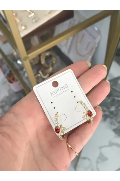 Kırmızı Taş Detaylı Halka Küpe (kararmaz)