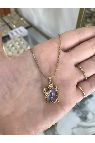 Mor Kelebek Detaylı Çelik Sanat Kolye