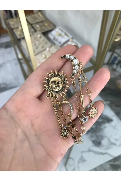 İnci Detaylı Güneş&Ay Model Küpe