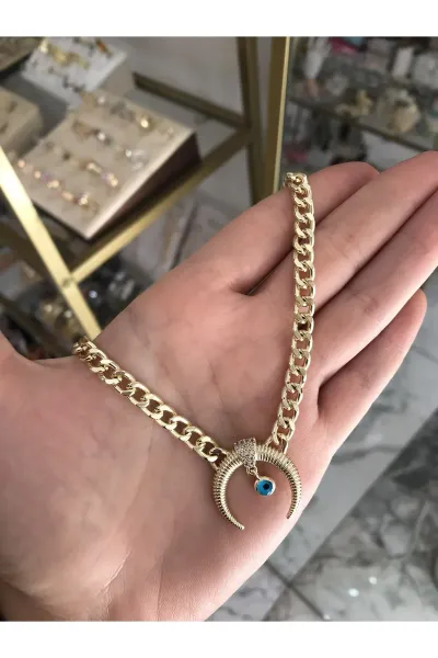 Nazar Detaylı Ay ve İri Zincir Model Kolye