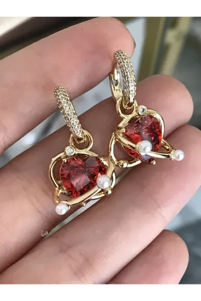 XUPING Kırmızı Taş Detaylı Kalp Model Küpe (kararmaz)