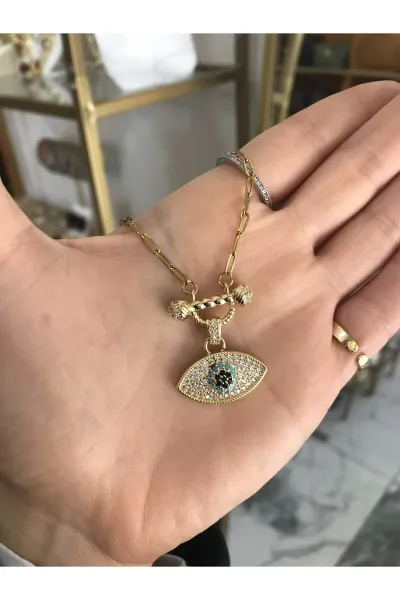 Tasarım Nazar Model Taş Detaylı Gold Kolye