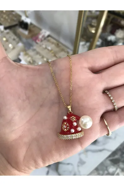 İnci Detaylı Noel Şapka Model Kolye