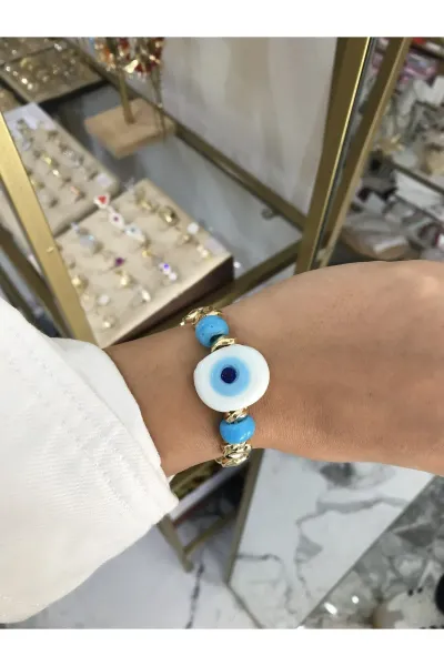 Gold Detaylı Beyaz Nazarlı Lastikli Model Bileklik