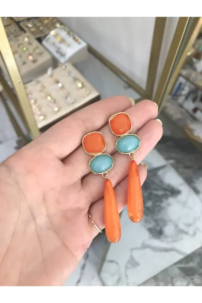 Şık Turuncu Sarkıt Model Küpe