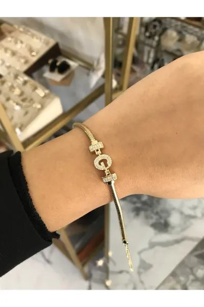 Harf Detaylı Taşlı Yılan Sırtı Model Bileklik ( G Harfi) kararmaz