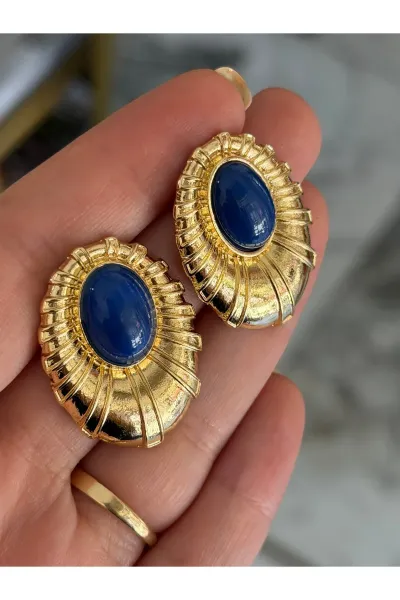 Vintage Model Mavi Taş ve Gold Çerçeveli Küpe
