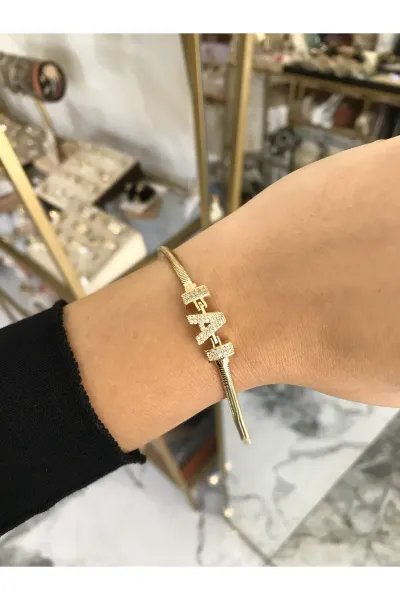 Harf Detaylı Taşlı Yılan Sırtı Model Bileklik ( AHarfi) kararmaz