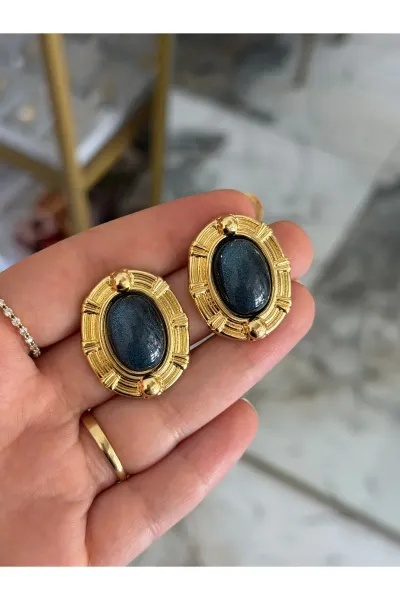 Vintage Model Gold Çerçeveli Lacivert Küpe