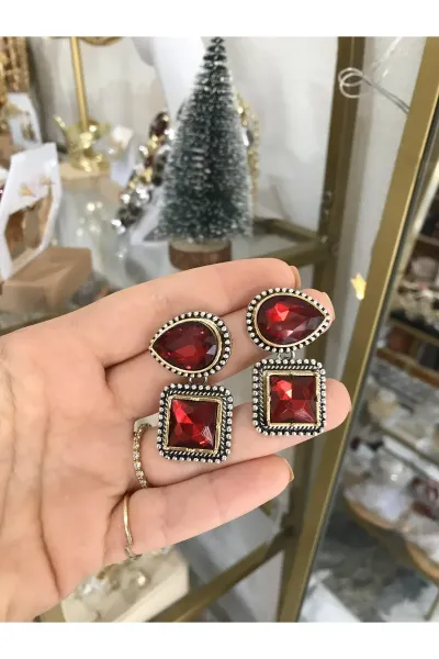 Marka Muadil Tasarım İri Taşlı Şık Kırmızı Küpe