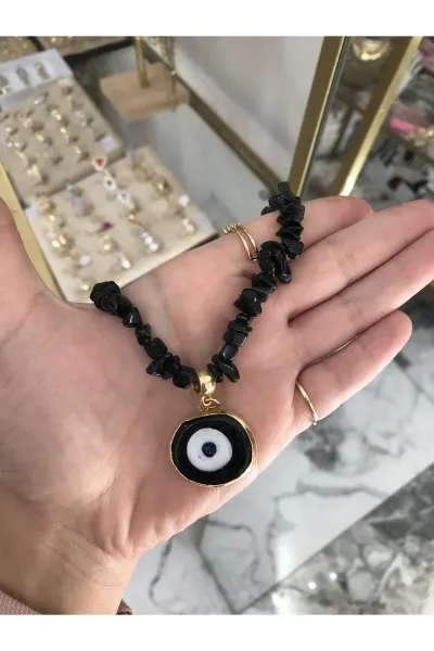 Siyah Nazar Boncuk Detaylı Doğal Taş Model Kolye