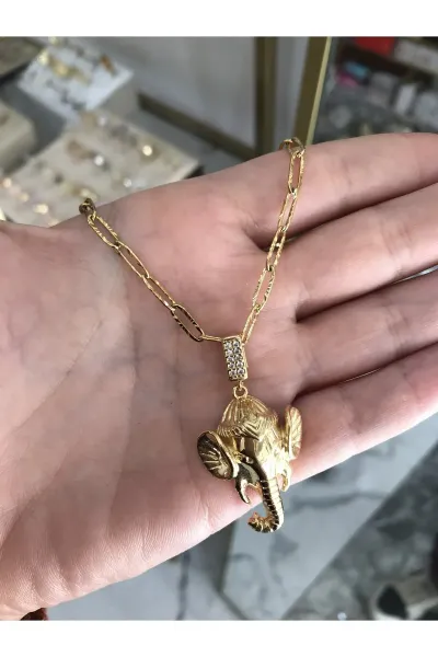 Taşlı Fil Detaylı ve Ataç Zincir Model Kolye