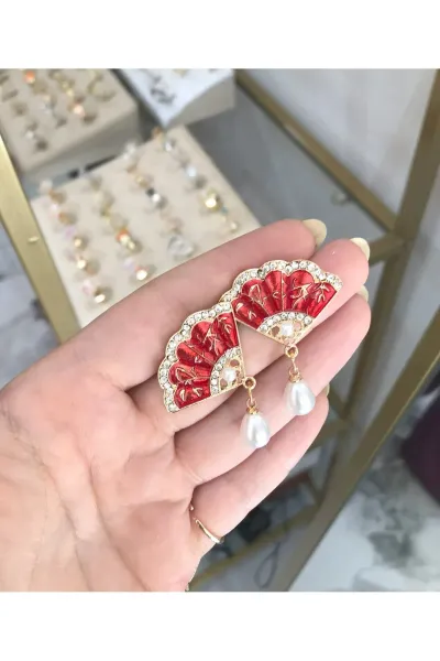 Kırmızı Yelpaze Model İncili Küpe