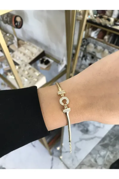 Harf Detaylı Taşlı Yılan Sırtı Model Bileklik ( CHarfi) kararmaz