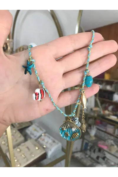 Midyeli ve Seramik Balık Model Charmlı İp Kolye