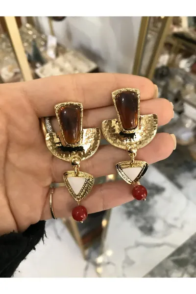 Vintage Gold Ezme Model Kahverengi Detaylı Küpe