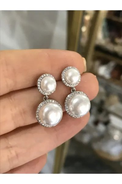 Taş Detaylı İnci Model Silver Renkli Küpe