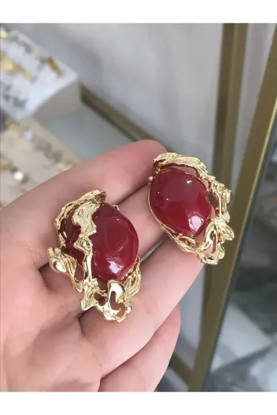 Gold Detaylı Tasarım Bordo Küpe