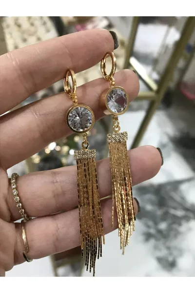 Tek Taş Detaylı Sallantılı Şık Gold Küpe