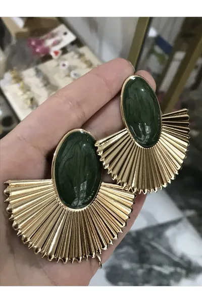 Yeşil Sim Detaylı Yelpaze Model Küpe