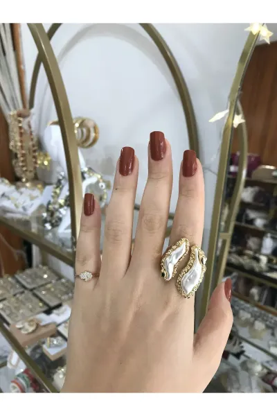 Tasarım Gold Ezme Detaylı İnci Model Yüzük