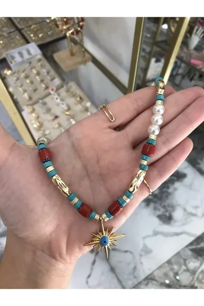 Cam Boncuk ve İnci Detaylı Yıldız Model Kolye