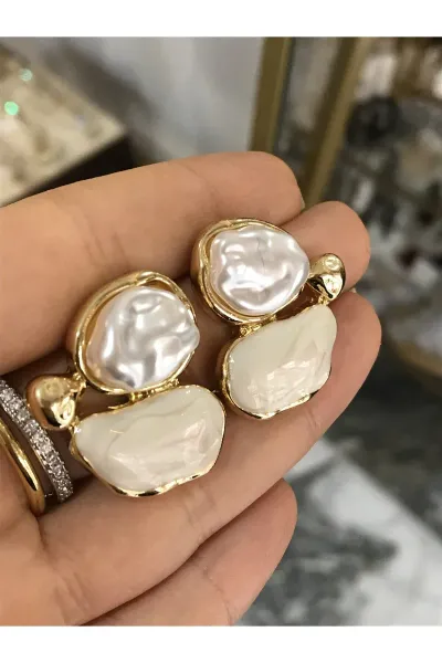Tasarım İnci ve Gold Detaylı Simli Küpe