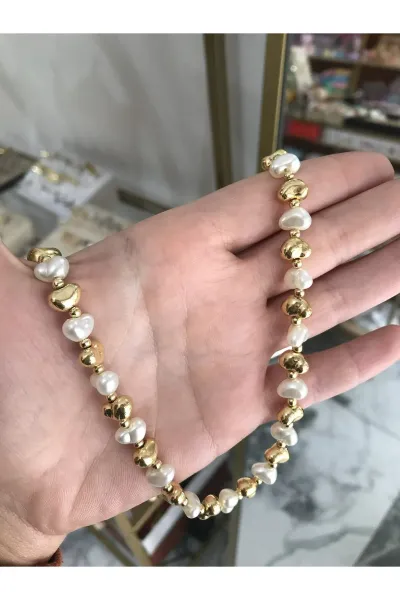 Sıralı Gold ve İnci Model Tasarım Kolye