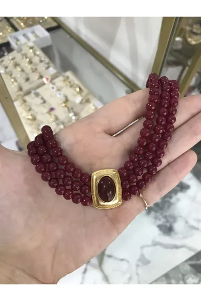 Gold Detaylı Bordo Abiye İnci Kolye