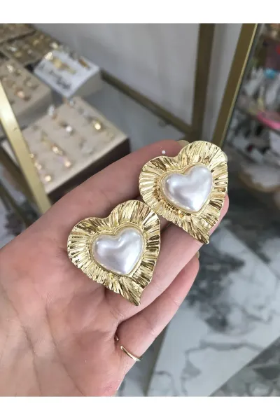 İncili Kalp Model Küpe