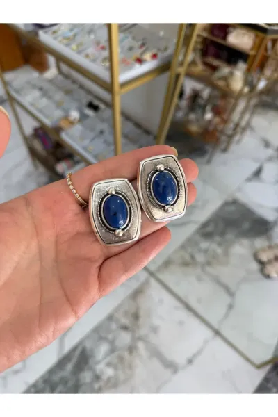 Vintage Model Lacivert Kare Metal Çerçeveli Küpe