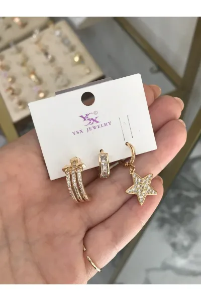 3'lü Kombin Model Yıldızlı Küpe