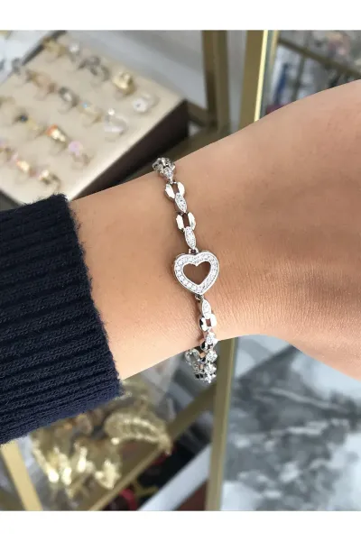 Taş Detaylı Silver Kalp Model Bileklik (kararmaz)