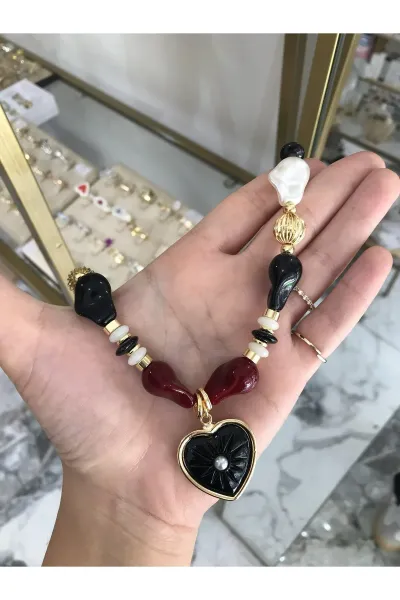 Cam Boncuk Model Gold Detaylı Kalp Kolye
