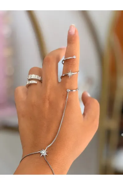 Şahmeran Yüzük ve Bileklik Kombini- Silver kutup Yıldız detaylı aksesuar seti
